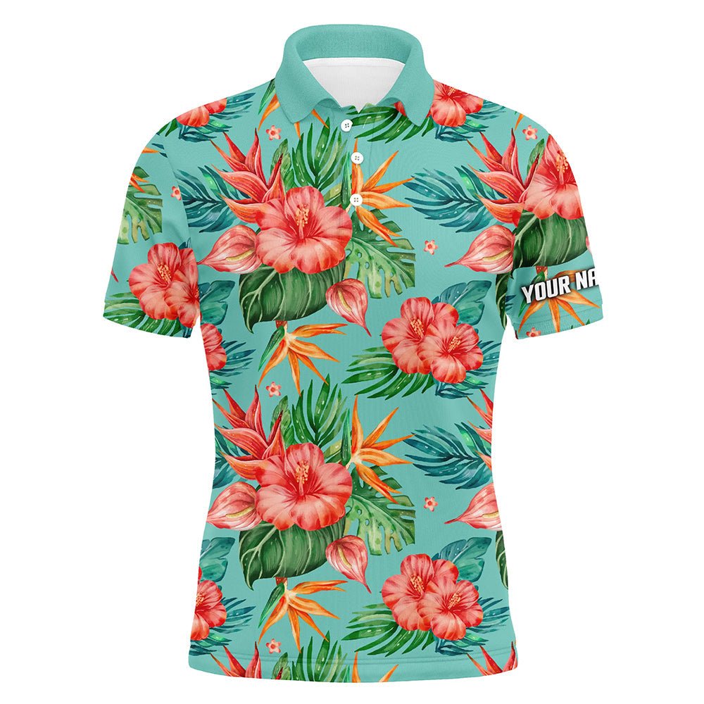 Herren Golf Polo Shirts mit individuellem grünem tropischem Blumen-Hibiskusmuster - Golfoberteile für Herren N7130 - Climcat