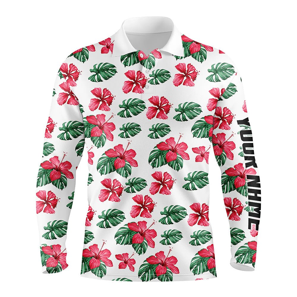 Herren Golf Polo Shirts mit individuellem grünem tropischem Muster Hibiskusblumen Golf Tops für Herren N7131 - Climcat