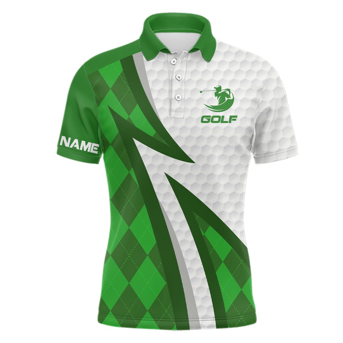 Herren Golf Polo Shirts mit individuellem Namen, grünem Argyle-Muster und weißem Golfball-Design - Golfbekleidung für Herren N7168 - Climcat