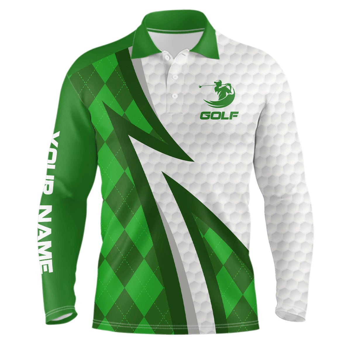 Herren Golf Polo Shirts mit individuellem Namen, grünem Argyle-Muster und weißem Golfball-Design - Golfbekleidung für Herren N7168 - Climcat