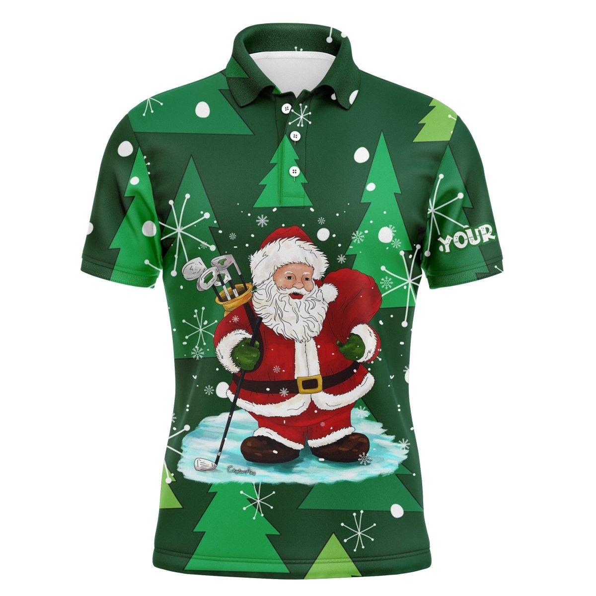 Herren Golf Polo Shirts mit individuellem Namen, Weihnachtsgolfmuster mit Santa, Weihnachtsbaum und Winterwald, Golf-Geschenk zu Weihnachten N4438 - Climcat