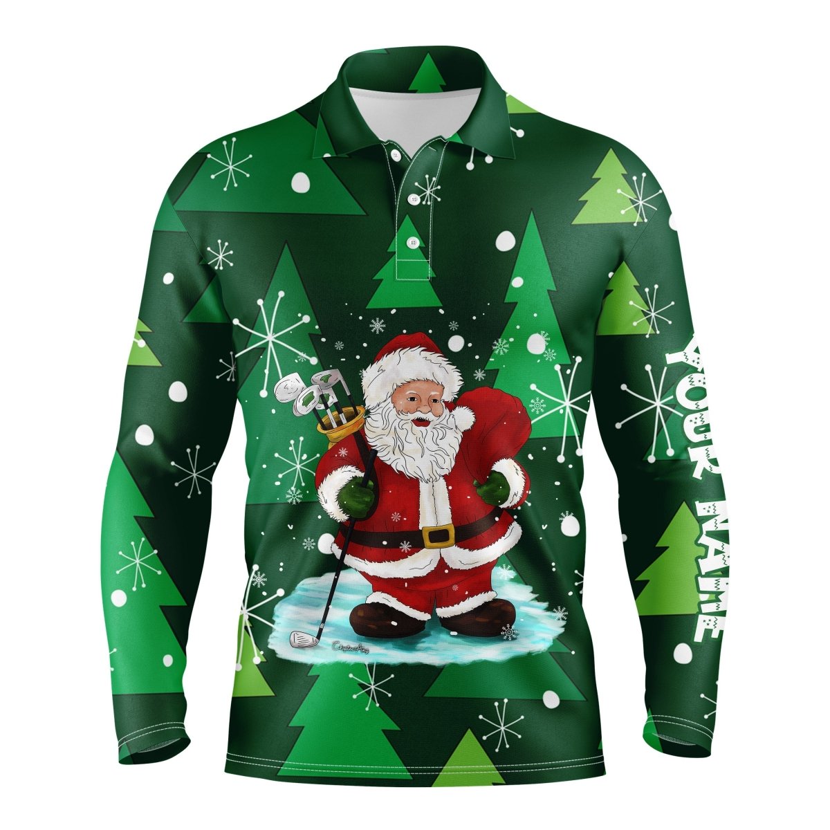 Herren Golf Polo Shirts mit individuellem Namen, Weihnachtsgolfmuster mit Santa, Weihnachtsbaum und Winterwald, Golf-Geschenk zu Weihnachten N4438 - Climcat