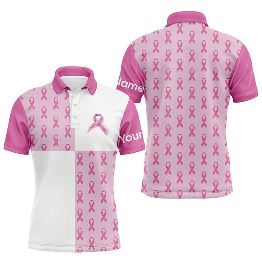 Herren Golf Polo Shirts mit individuellem rosa Brustkrebs-Schleifenmuster, Golfshirts für Herren, Golfgeschenke N7454 - Climcat