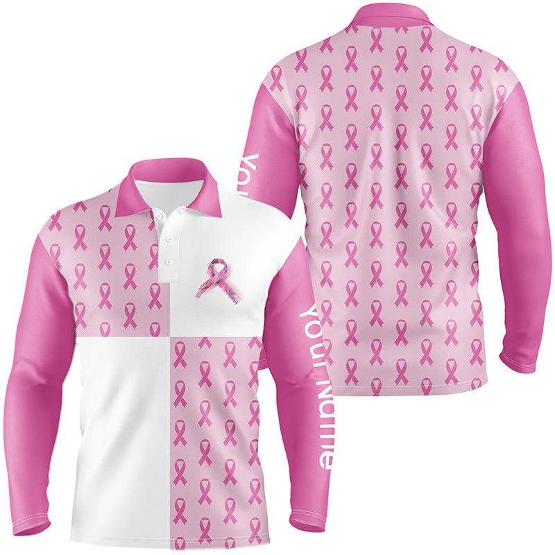 Herren Golf Polo Shirts mit individuellem rosa Brustkrebs-Schleifenmuster, Golfshirts für Herren, Golfgeschenke N7454 - Climcat