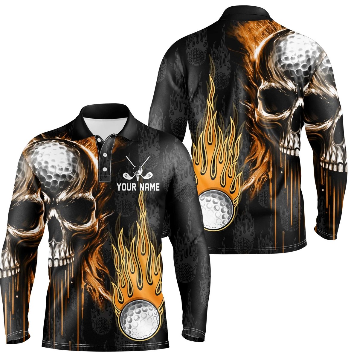 Herren Golf Polo Shirts mit individuellem Schädel-Design, Feuer Golfbekleidung, coole Poloshirts für Herren N7140 - Climcat