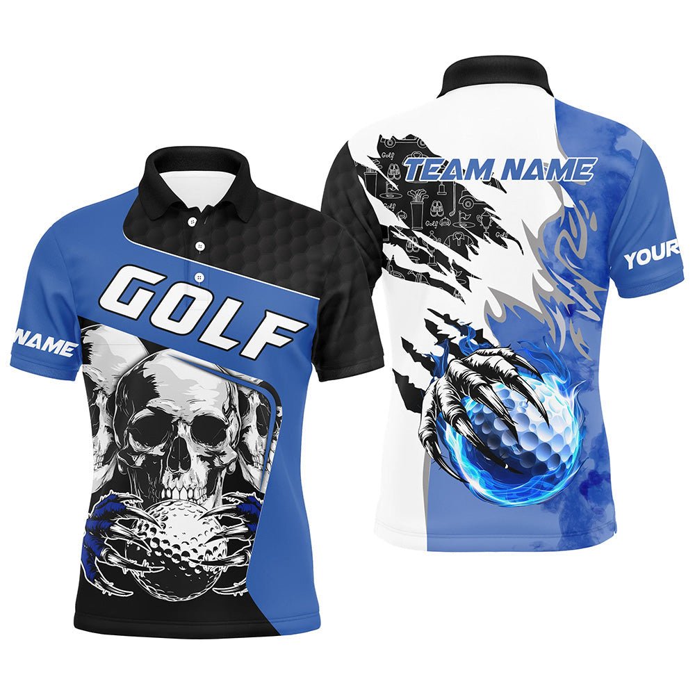 Herren Golf Polo Shirts mit individuellem Totenkopf Golfball Feuer Golf Trikot, einzigartige Golfgeschenke | Blau N7519 - Climcat