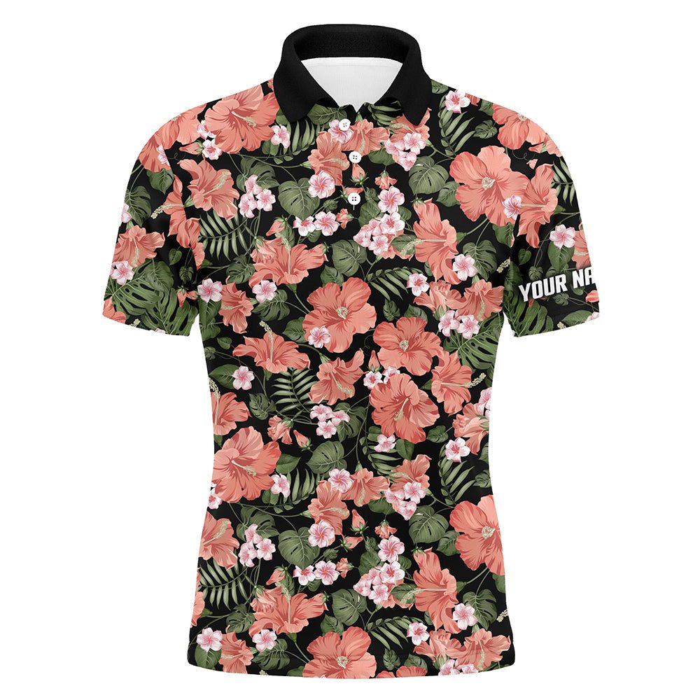 Herren Golf Polo Shirts mit individuellem tropischen Pink Hibiskusblumen-Schwarz-Muster Golf Tops für Herren N7132 - Climcat