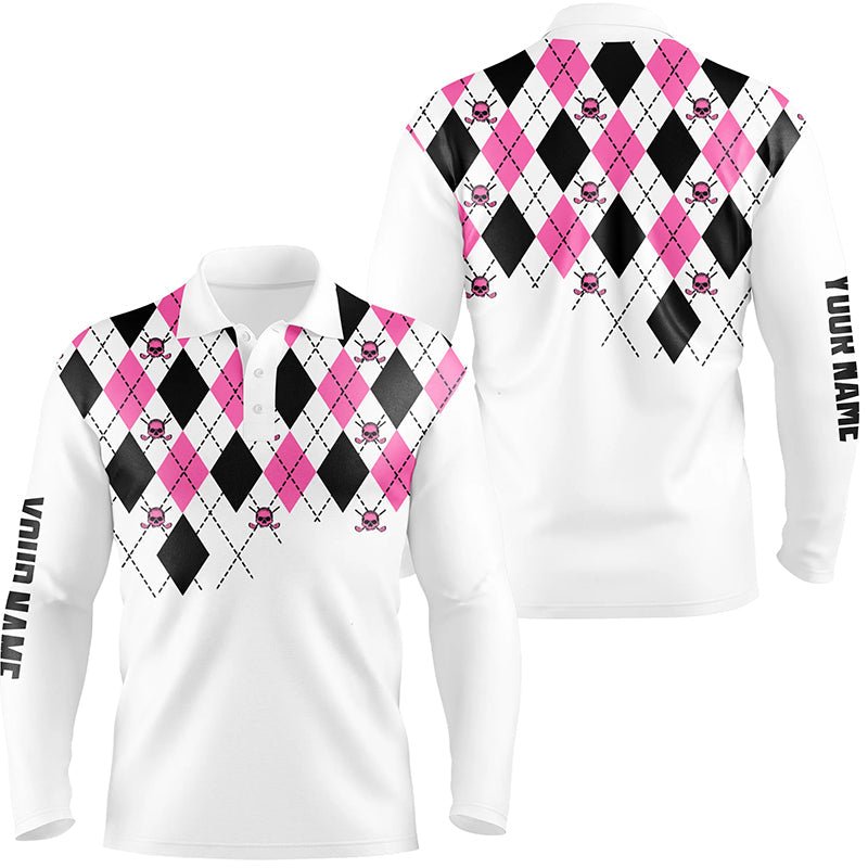 Herren Golf Polo Shirts Pink und Schwarz Argyle Karo Golf Totenkopf Muster Maßgeschneiderte Weiße Herren Golf Tops N7214 - Climcat