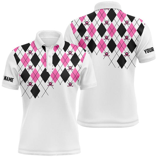 Herren Golf Polo Shirts Pink und Schwarz Argyle Karo Golf Totenkopf Muster Maßgeschneiderte Weiße Herren Golf Tops N7214 - Climcat