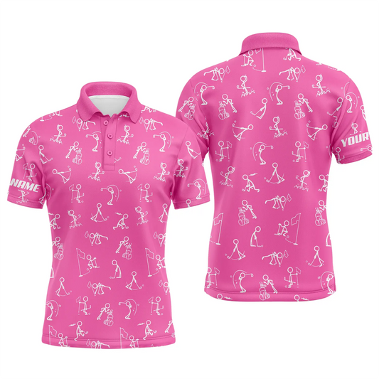 Herren Golf Polo UPF Shirts mit individuellem Namen, lustigem Golfmuster, rosa Polo-Shirt, beste Herrengolfbekleidung N4846 - Climcat