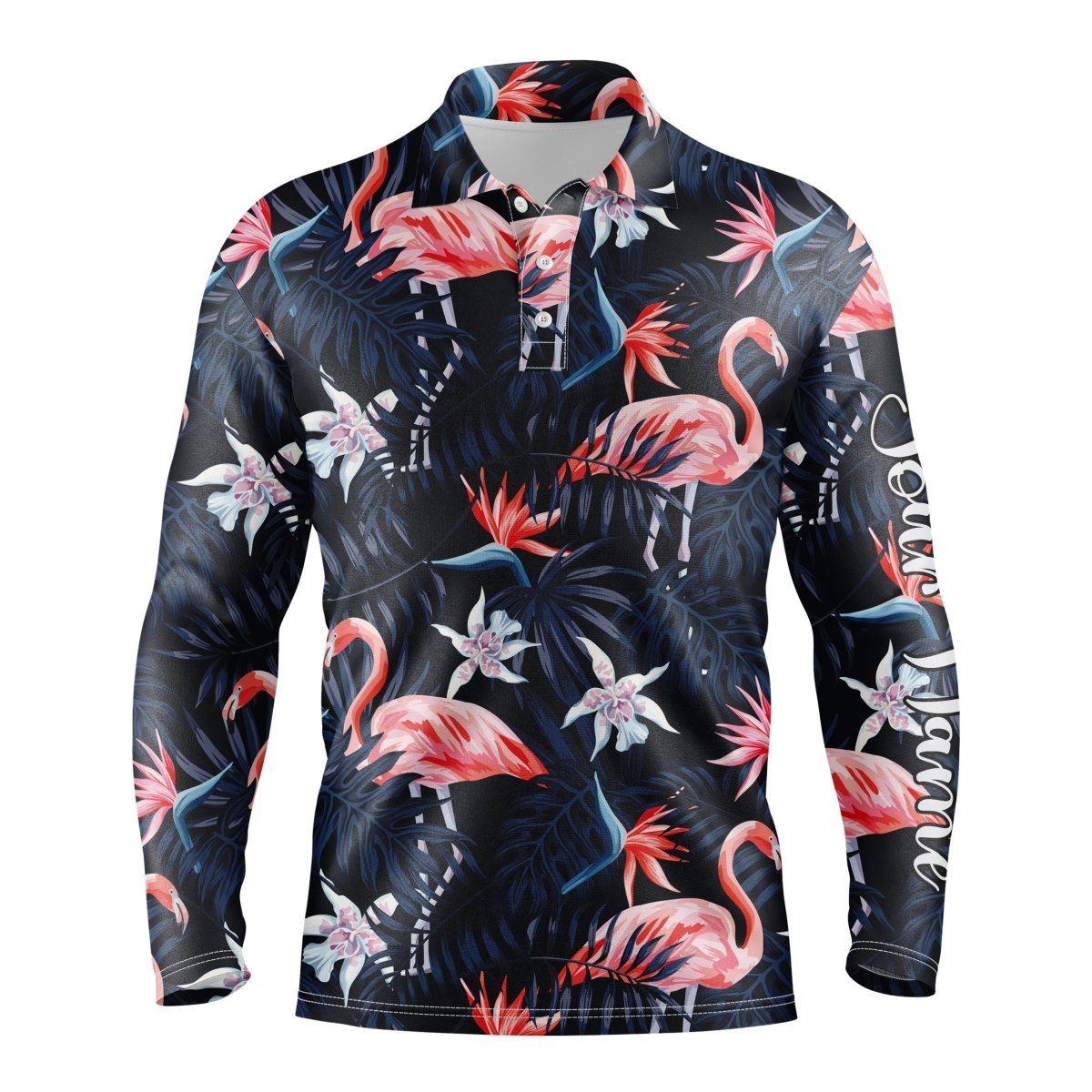 Herren Golf Polo UPF Shirts mit tropischen Vögeln, rosa Flamingos, dunkelblauen Palmenblättern - Maßgeschneiderte Poloshirts N3694 - Climcat