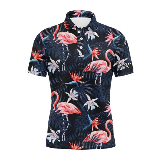 Herren Golf Polo UPF Shirts mit tropischen Vögeln, rosa Flamingos, dunkelblauen Palmenblättern - Maßgeschneiderte Poloshirts N3694 - Climcat