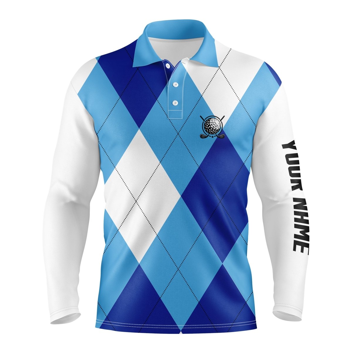 Herren Golf Poloshirts mit individuellem Namen, blau-weißes Golfmuster, personalisierte Golfgeschenke N4516 - Climcat