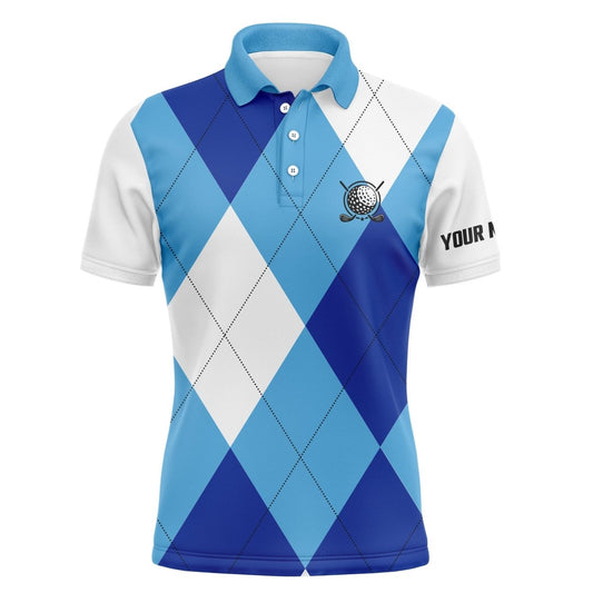 Herren Golf Poloshirts mit individuellem Namen, blau-weißes Golfmuster, personalisierte Golfgeschenke N4516 - Climcat