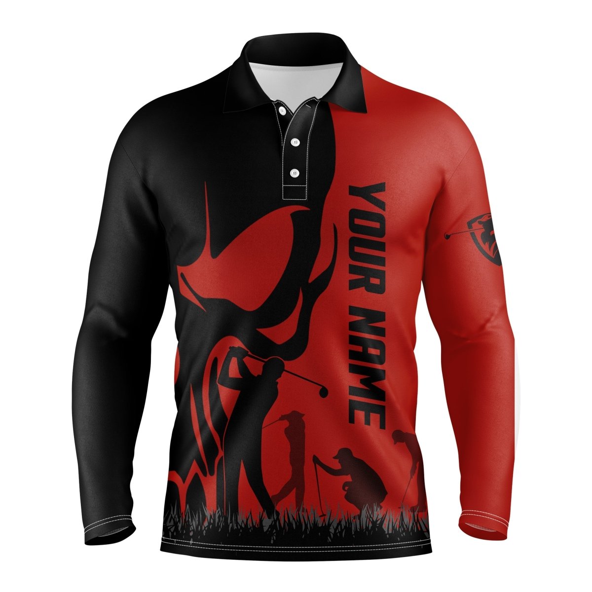 Herren Golf Poloshirts mit individuellem Namen und Skull-Design in Schwarz | Golfbekleidung für Herren | Rot N4571 - Climcat