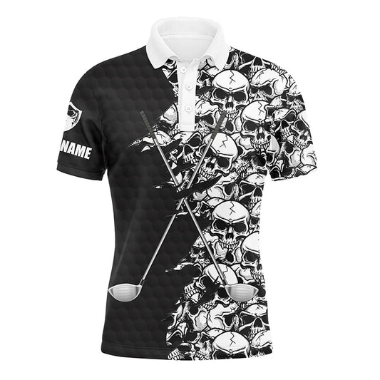 Herren Langarm-Golfpoloshirt Schwarz mit Muster Schädel Golfschläger Personalisierter Name Golf Performance Shirt N3920 - Climcat