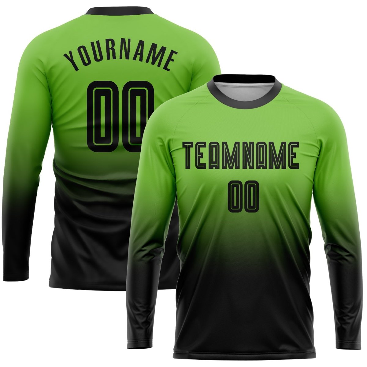 Individualisierte Neon Grün Schwarz Sublimations Langarm Fade Fashion Fußballtrikot Q187 - Climcat