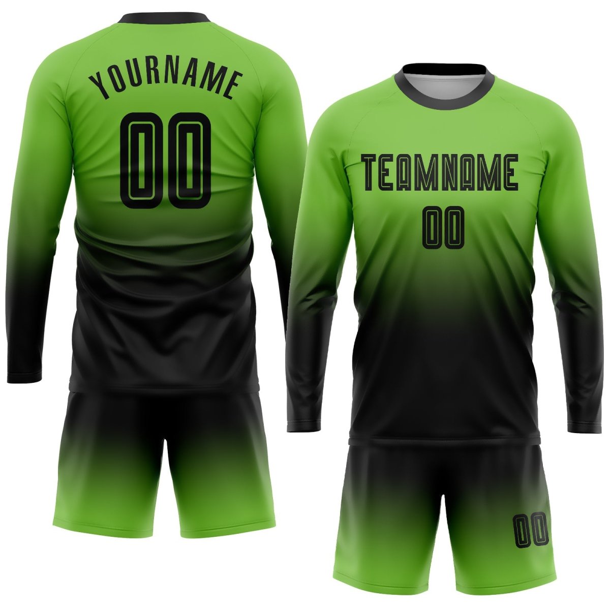Individualisierte Neon Grün Schwarz Sublimations Langarm Fade Fashion Fußballtrikot Q187 - Climcat