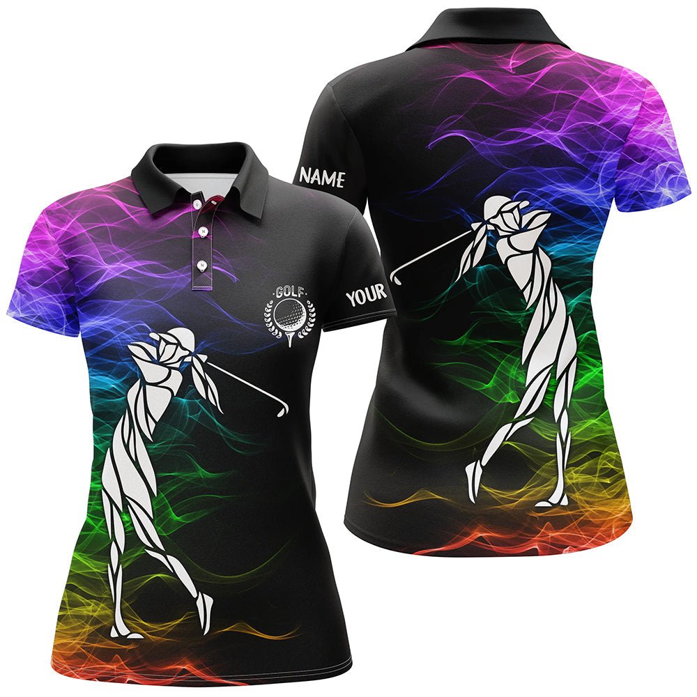 Individuell gestaltete farbenfrohe Regenbogenrauchmuster Schwarze Damen Golf Polo Shirts Anpassbare Damen Golfoberteile N7262 - Climcat