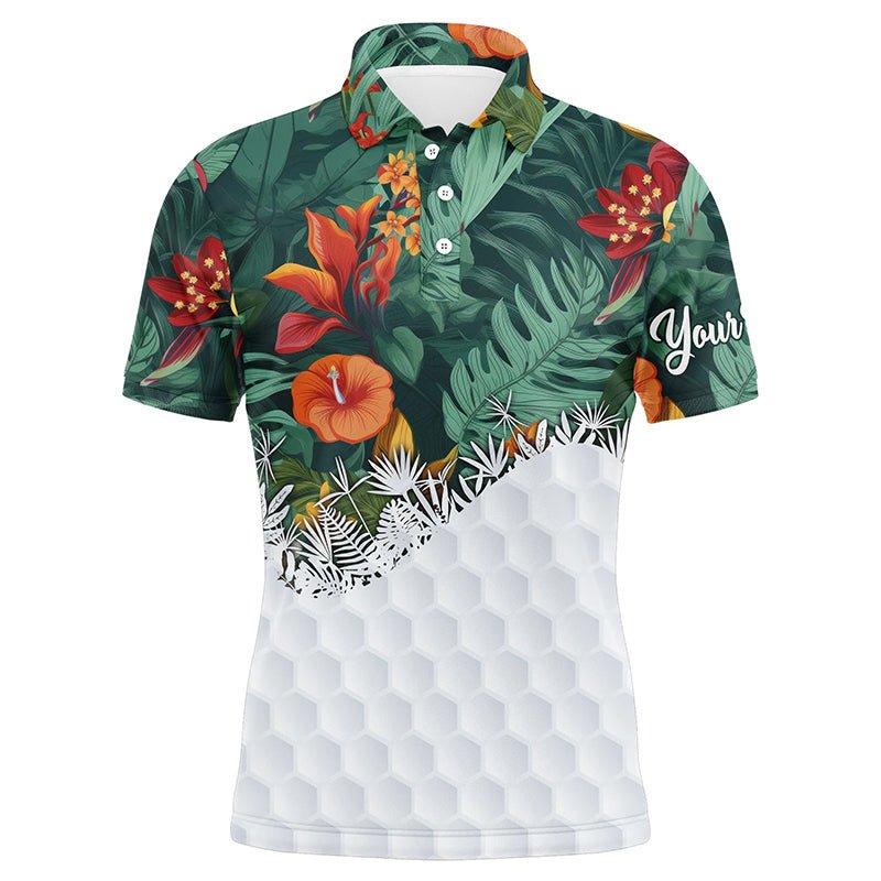 Individuell gestaltete Herren Golf-Poloshirts mit grünem tropischem Pflanzen- und Blumenmuster - Hochwertige Herrengolfbekleidung N5585 - Climcat