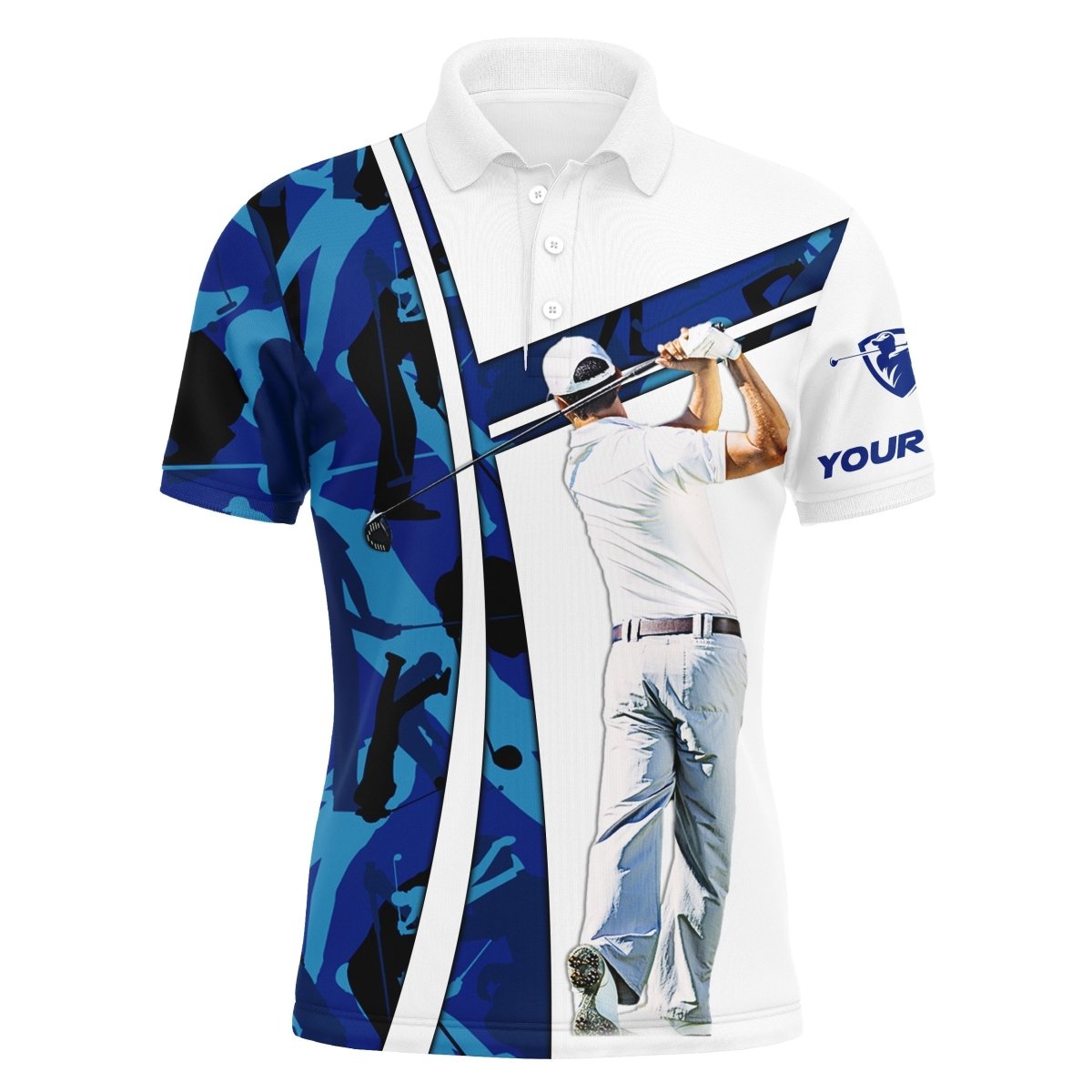 Individuelle blaue Tarnmuster Herren Golf Polo Shirts mit personalisiertem Namen, Golf Outfit für Männer, Golf Geschenkideen für Ihn N3573 - Climcat