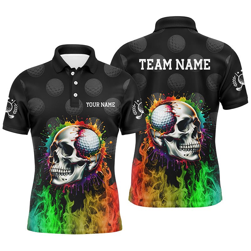 Individuelle Herren Golf Poloshirts mit personalisiertem Regenbogenflammen-Schädel Feuer Schwarz Golfbekleidung für Männer N7125 - Climcat