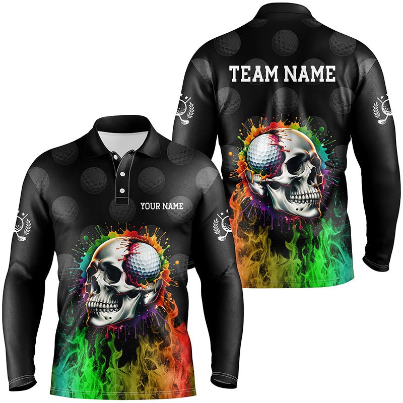 Individuelle Herren Golf Poloshirts mit personalisiertem Regenbogenflammen-Schädel Feuer Schwarz Golfbekleidung für Männer N7125 - Climcat