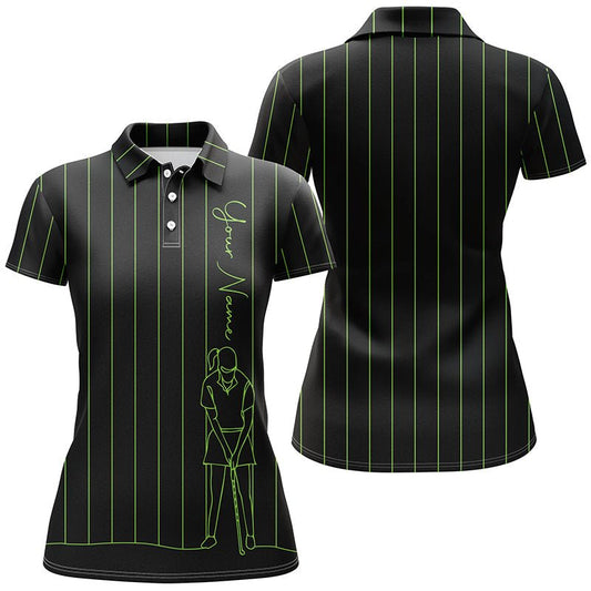 Individuelles Golf Polo-Shirt für Frauen mit grünen Streifen, schwarzes Golfoberteil für Damen - Golfgeschenk für Damen N7307 - Climcat