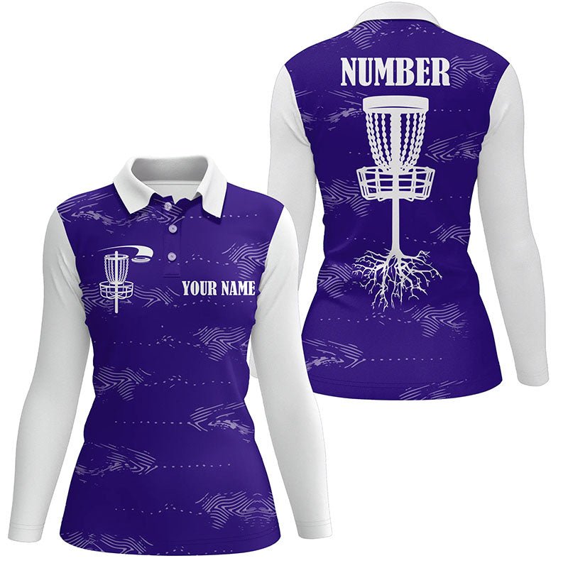 Lila und weißes Damen-Discgolf-Poloshirt mit individuellem Discgolf-Korb, personalisierte Discgolf-Geschenke N7252 - Climcat