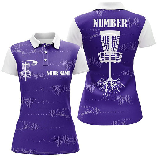 Lila und weißes Damen-Discgolf-Poloshirt mit individuellem Discgolf-Korb, personalisierte Discgolf-Geschenke N7252 - Climcat