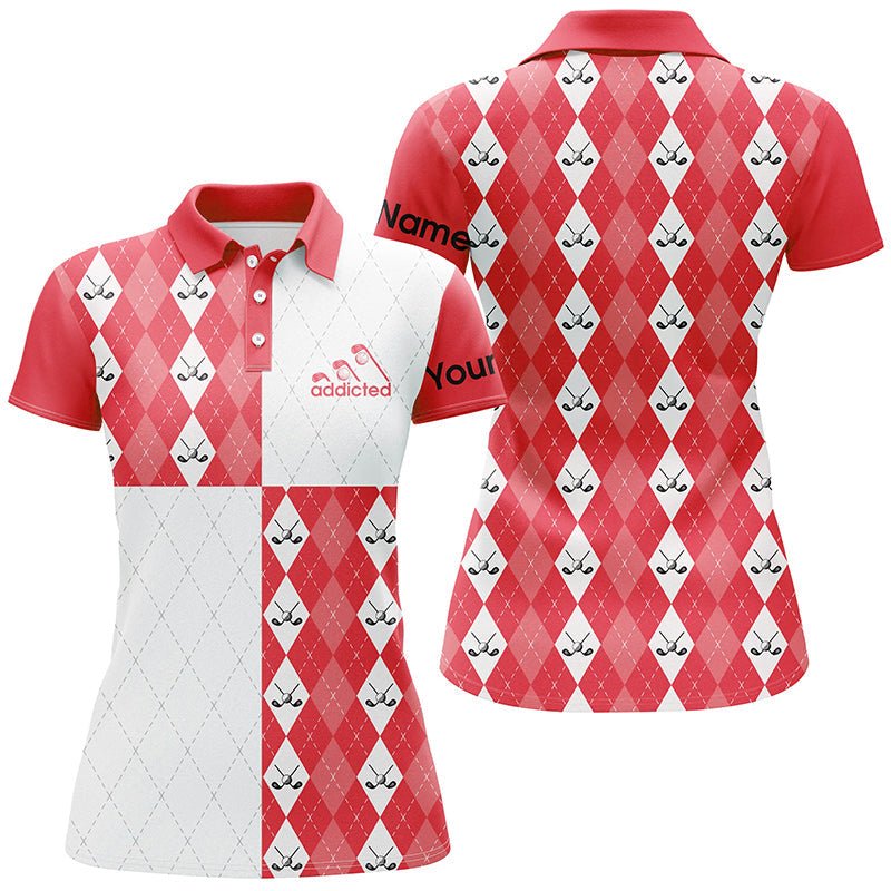 Maßgeschneiderte Damen Golf Polo Shirts in Rot und Weiß mit Golfball und Golfschläger Argyle Karomuster N7446 - Climcat