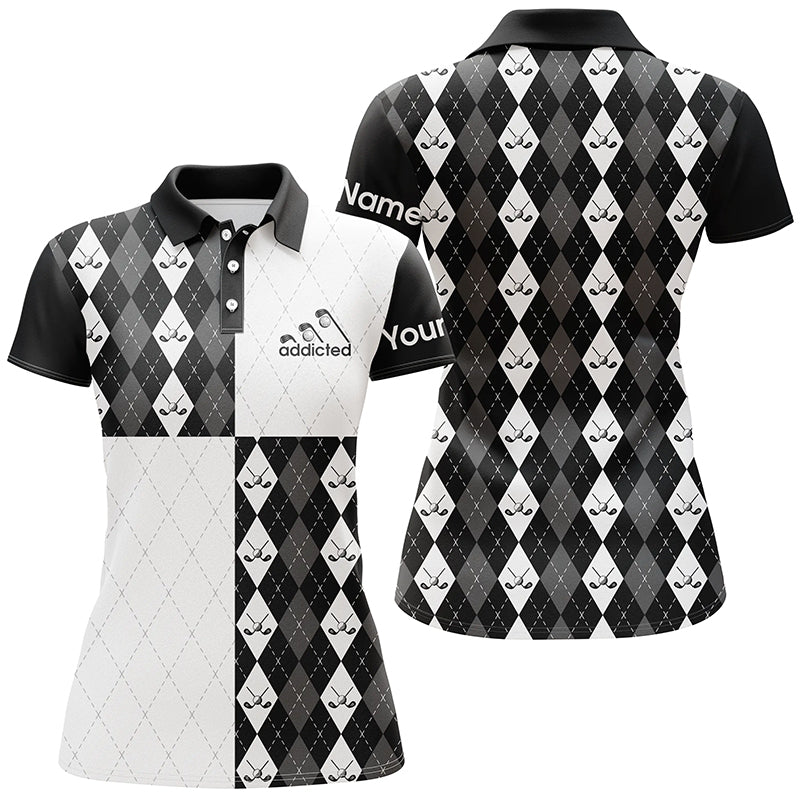 Maßgeschneiderte Damen Golf Poloshirts mit Golfmotiv Schwarz-Weiß Golfball Schläger Argyle Karomuster N5439 - Climcat