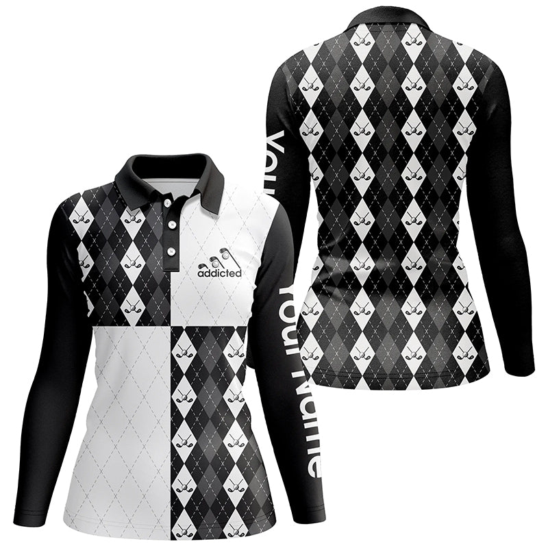 Maßgeschneiderte Damen Golf Poloshirts mit Golfmotiv Schwarz-Weiß Golfball Schläger Argyle Karomuster N5439 - Climcat