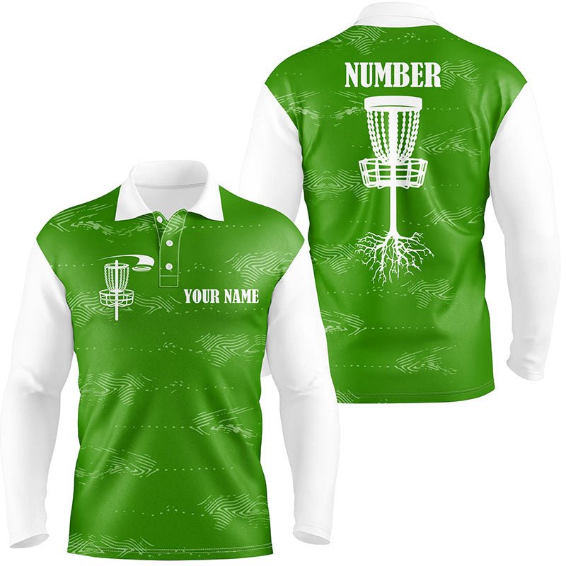 Maßgeschneiderte Disc Golf Polo-Shirts für Herren in Grün und Weiß, mit individuellem Disc Golf Korb - Personalisierte Disc Golf Geschenke N7251 - Climcat