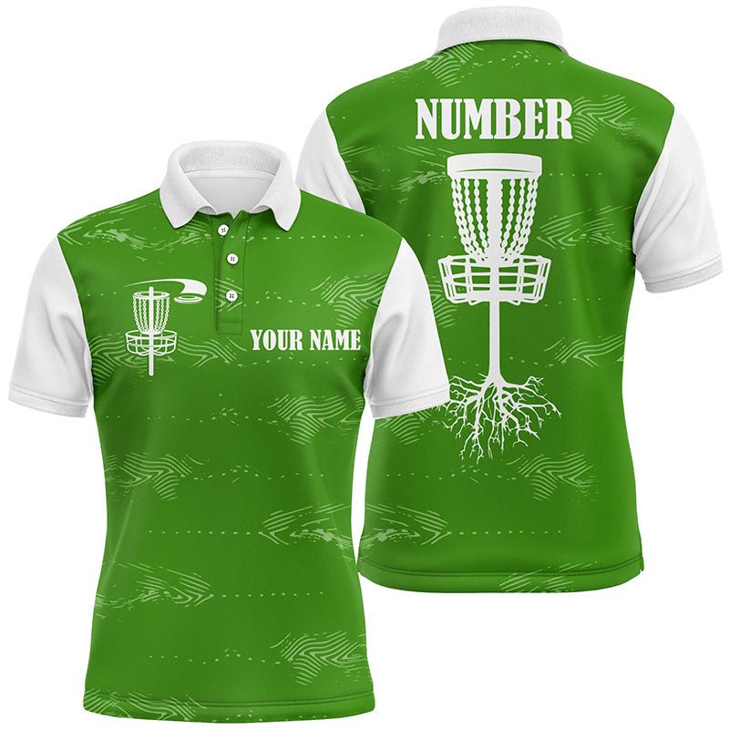 Maßgeschneiderte Disc Golf Polo-Shirts für Herren in Grün und Weiß, mit individuellem Disc Golf Korb - Personalisierte Disc Golf Geschenke N7251 - Climcat