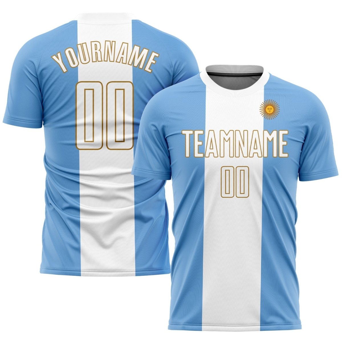 Maßgeschneiderte hellblaue und weiße Old Gold Sublimations - Argentinien Fußballtrikot G176 - Climcat