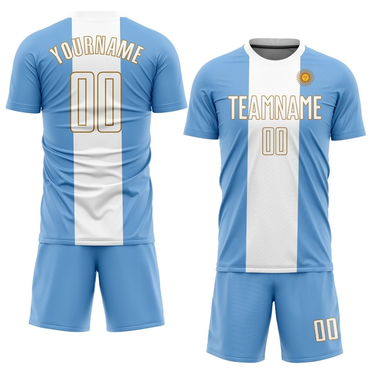 Maßgeschneiderte hellblaue und weiße Old Gold Sublimations - Argentinien Fußballtrikot G176 - Climcat