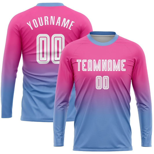 Maßgeschneiderte pink - weiß - hellblaue Sublimations - Fade - Fashion Fußballtrikot mit langen Ärmeln B248 - Climcat