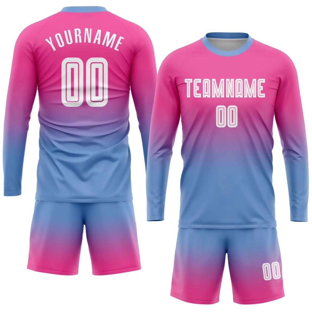 Maßgeschneiderte pink - weiß - hellblaue Sublimations - Fade - Fashion Fußballtrikot mit langen Ärmeln B248 - Climcat