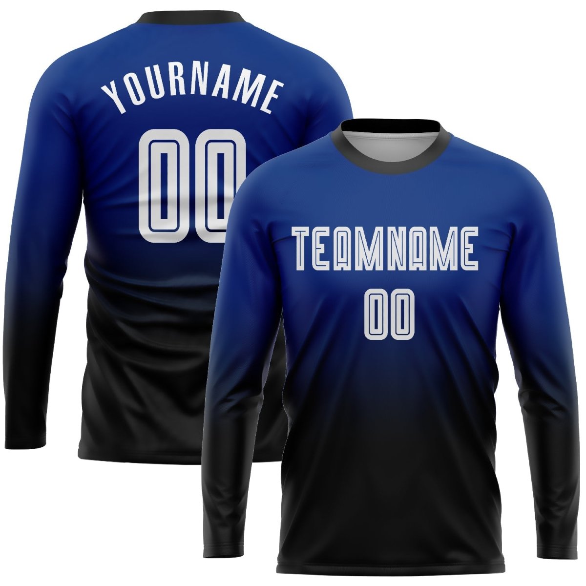 Maßgeschneiderte Royal Weiß - Schwarz Sublimations Langarm Fade Fashion Fußballtrikot U374 - Climcat