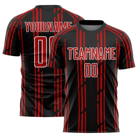 Maßgeschneiderte Schwarz - Rot - Weiß Pinstripe Sublimation Fußballtrikot J839 - Climcat
