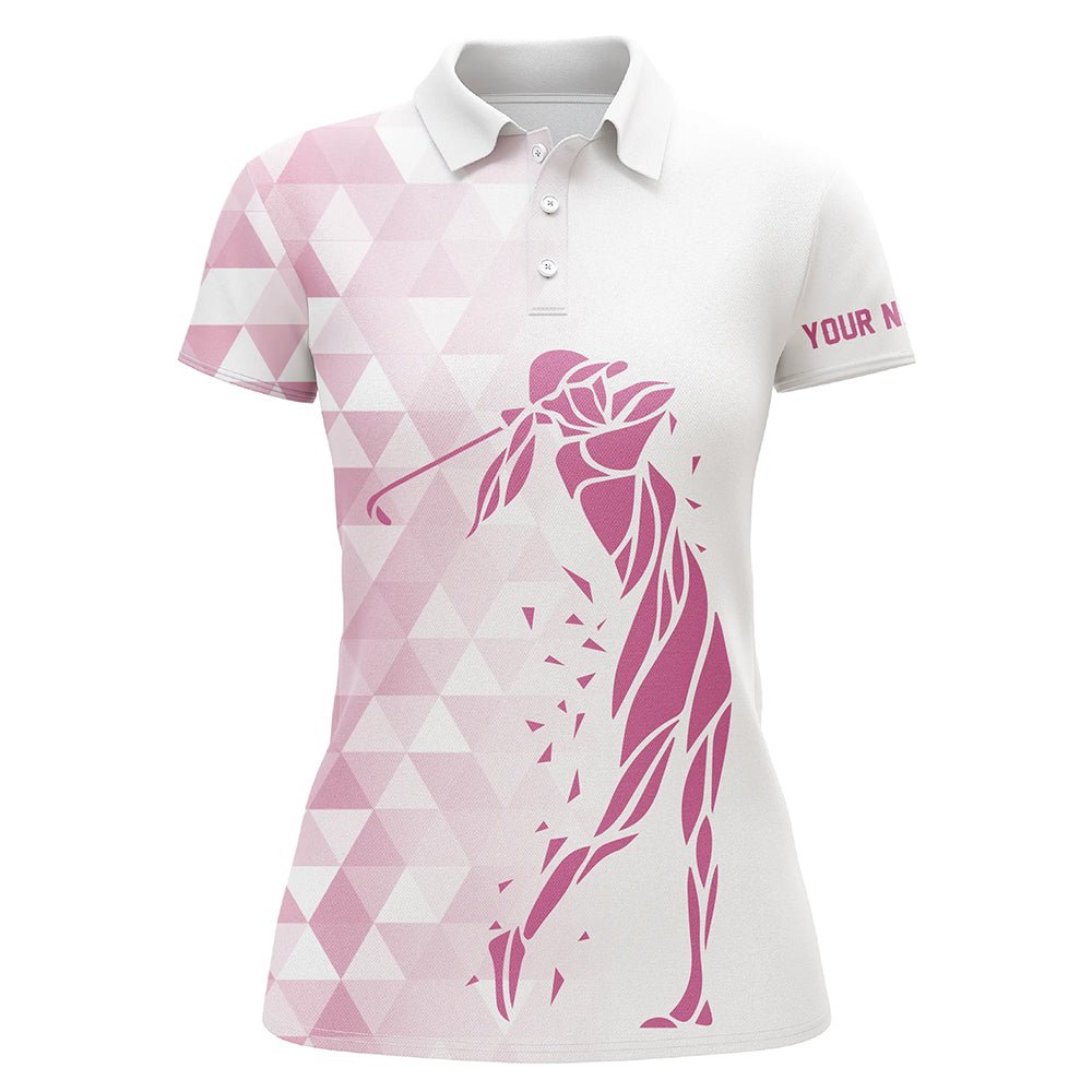 Maßgeschneiderte weiße und rosa Dreiecksmuster Damen Golf Polo Shirts individuelle Damen Golf Tops N7267 - Climcat