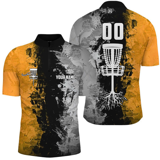 Maßgeschneidertes Disc Golf Korb Herren Viertel-Zip-Shirt, Disc Golf Shirts für Herren | Orange N7412 - Climcat