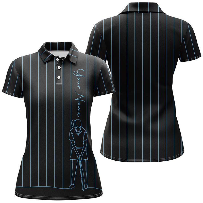 Maßgeschneidertes Golf-Poloshirt für Damen mit blauen Streifen, schwarzes Golf-Oberteil für Frauen, Golf-Geschenk für Mädchen. N7308 - Climcat