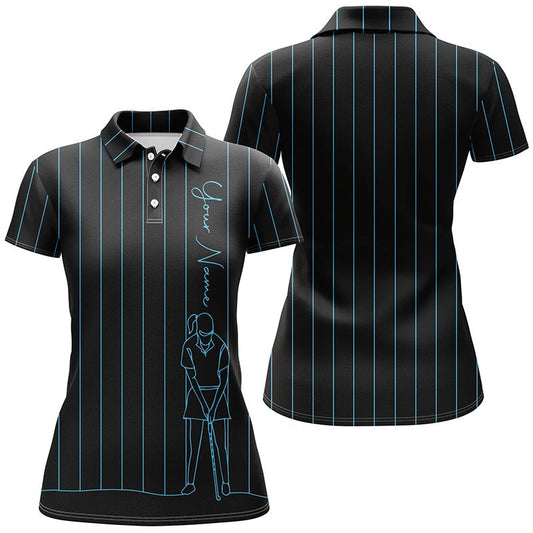 Maßgeschneidertes Golf-Poloshirt für Damen mit blauen Streifen, schwarzes Golf-Oberteil für Frauen, Golf-Geschenk für Mädchen. N7308 - Climcat