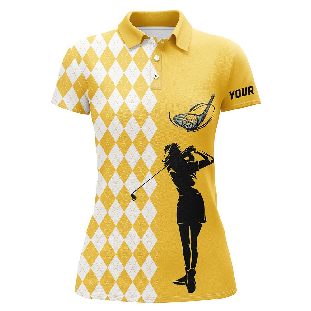 Maßgeschneidertes weißes Argyle-Karo-Muster Damen Golf Polo Shirt, individuelle gelbe Golfbekleidung für Damen. N7271 - Climcat