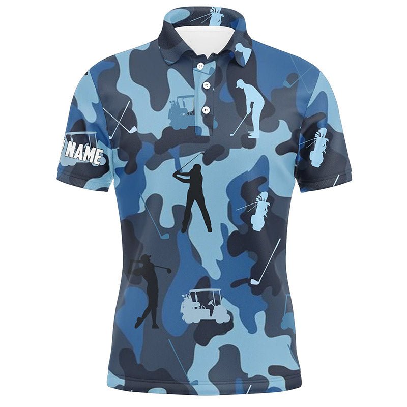 Personalisierte blaue Tarnmuster-Kurzarm- und Langarm-Golfpoloshirts für Herren mit individuellem Namen - Golfoberteile für Herren N4637 - Climcat