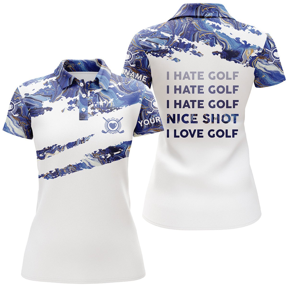 Personalisierte Damen Golf Polo Shirt mit blauem Design - Individueller Name - Lustiges Golf Motiv - Ideales Geschenk für Golfliebhaber N3763 - Climcat