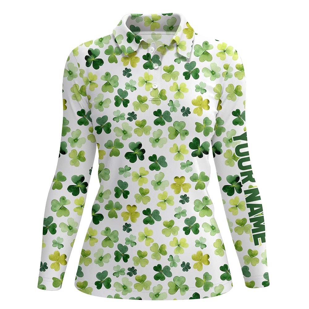 Personalisierte Damen Golf Polo Shirt mit Wasserfarben Kleeblatt Motiv für St. Patrick's Day L1259 - Climcat