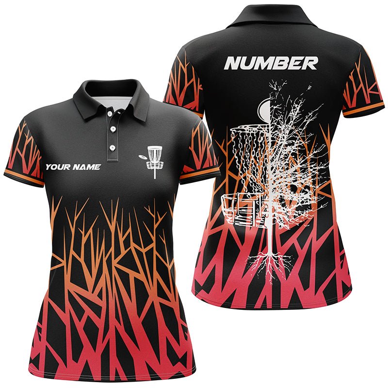 Personalisierte Disc Golf Korb Baum Roter Verlauf Damen Polo Shirt Disc Golf Shirts für Frauen L1058 - Climcat